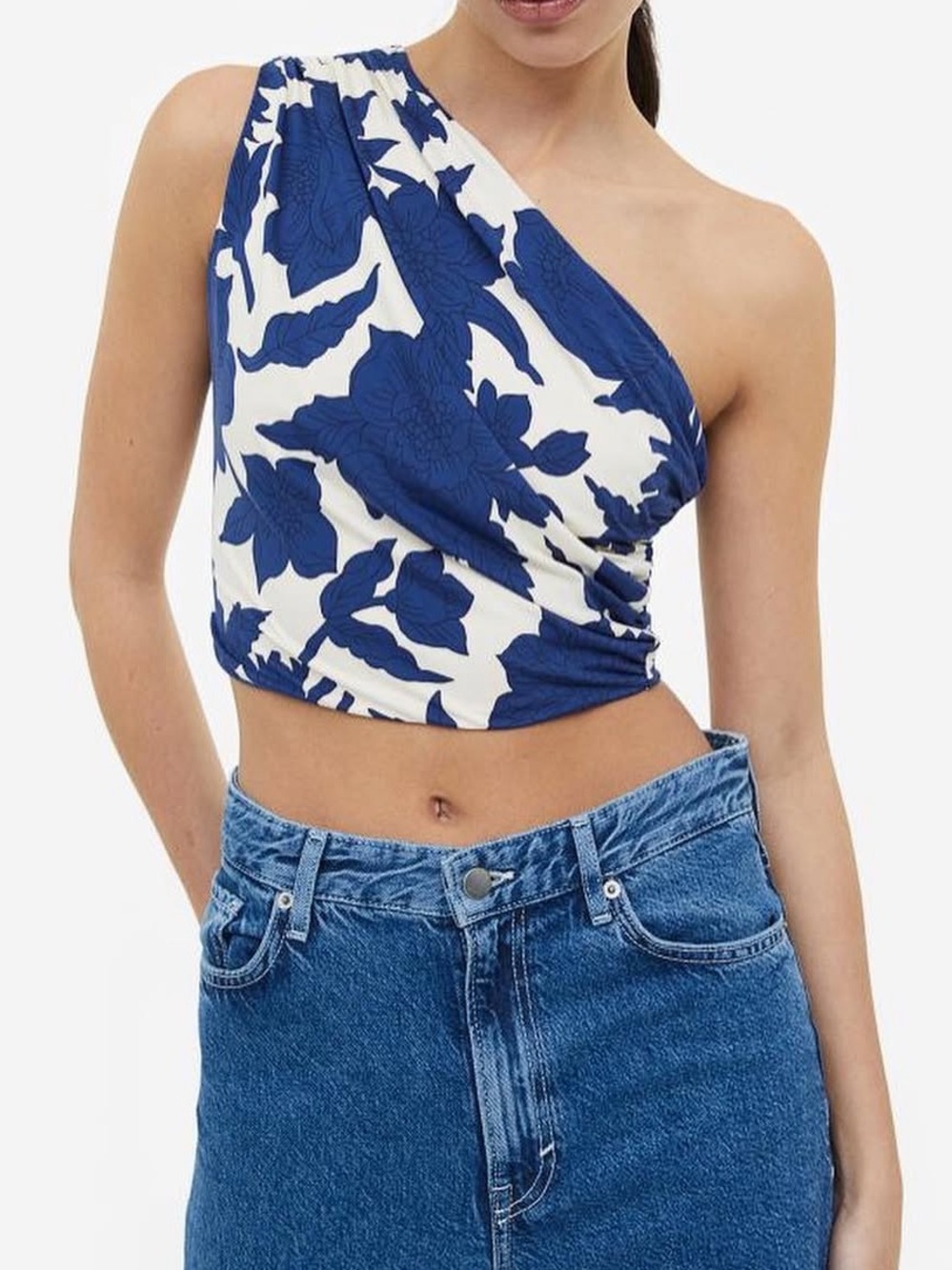 H&M Gathered One-Shoulder Floral Crop Top Blue & White